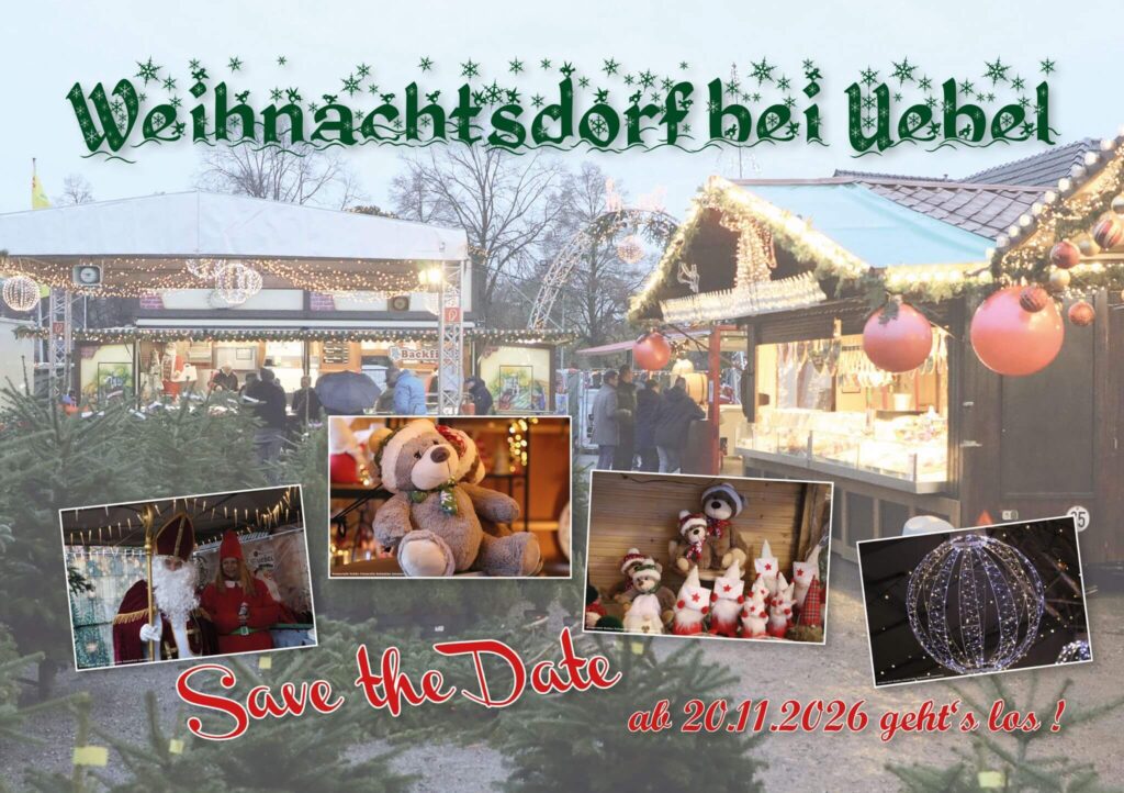 Weihnachtsdorf bei Uebel Flyer mit dem Text: Save the Date - ab 20.11.2026 geht's los!